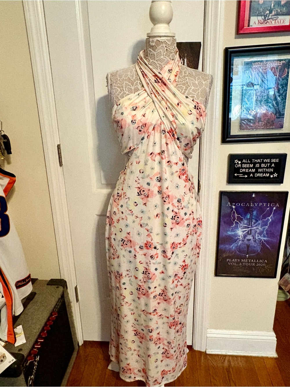 Rachel Roy Floral Halter Maxi Dress Pink Ivory Criss Cross Wedding Guest Date L